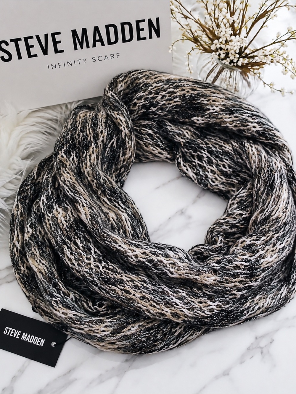 Steve Madden Infinity Scarf Marbled Chunky Knit Emerald Green & Cream